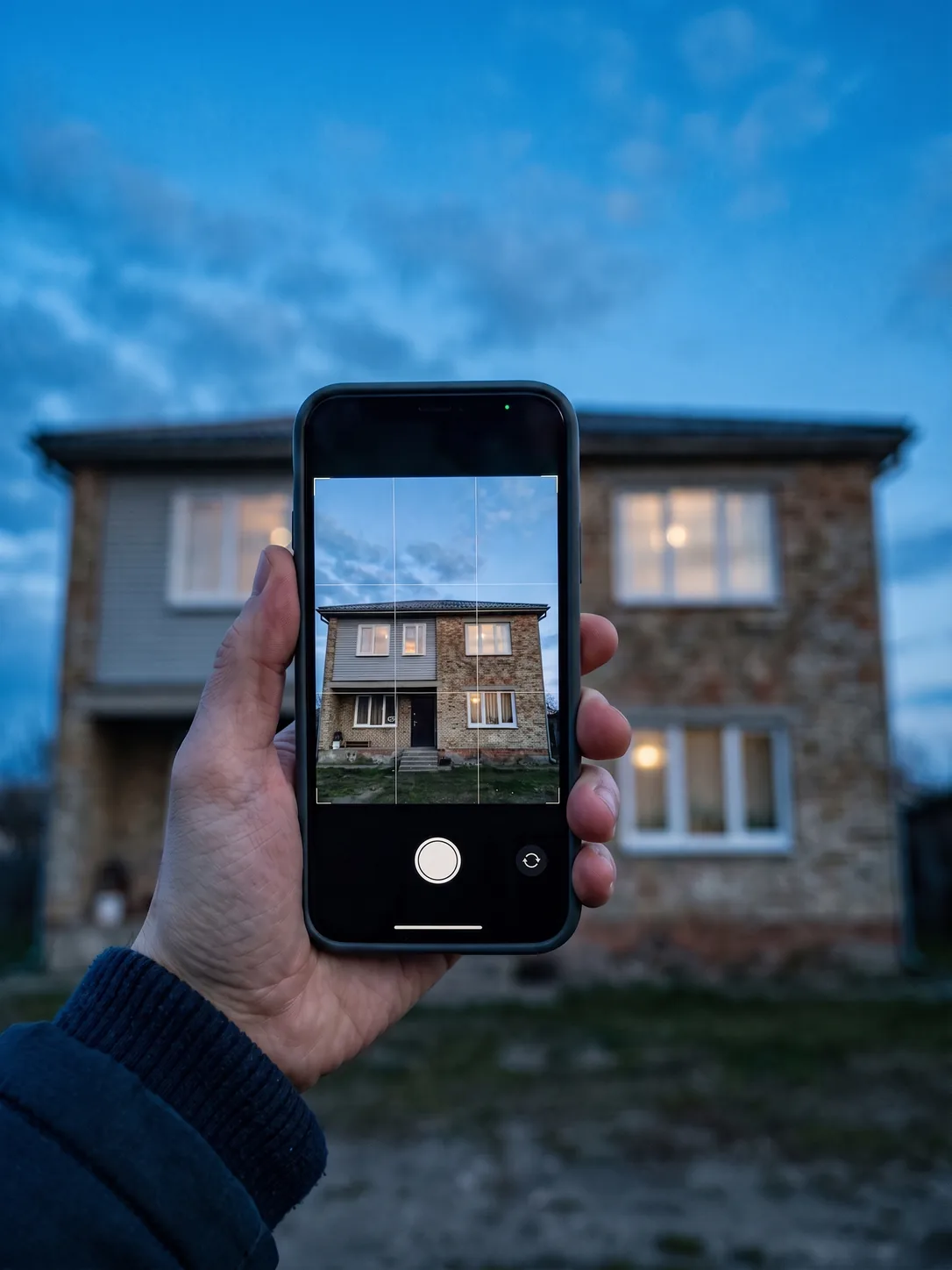 Рука с телефоном фотографирует современный фасад дома в сумерках