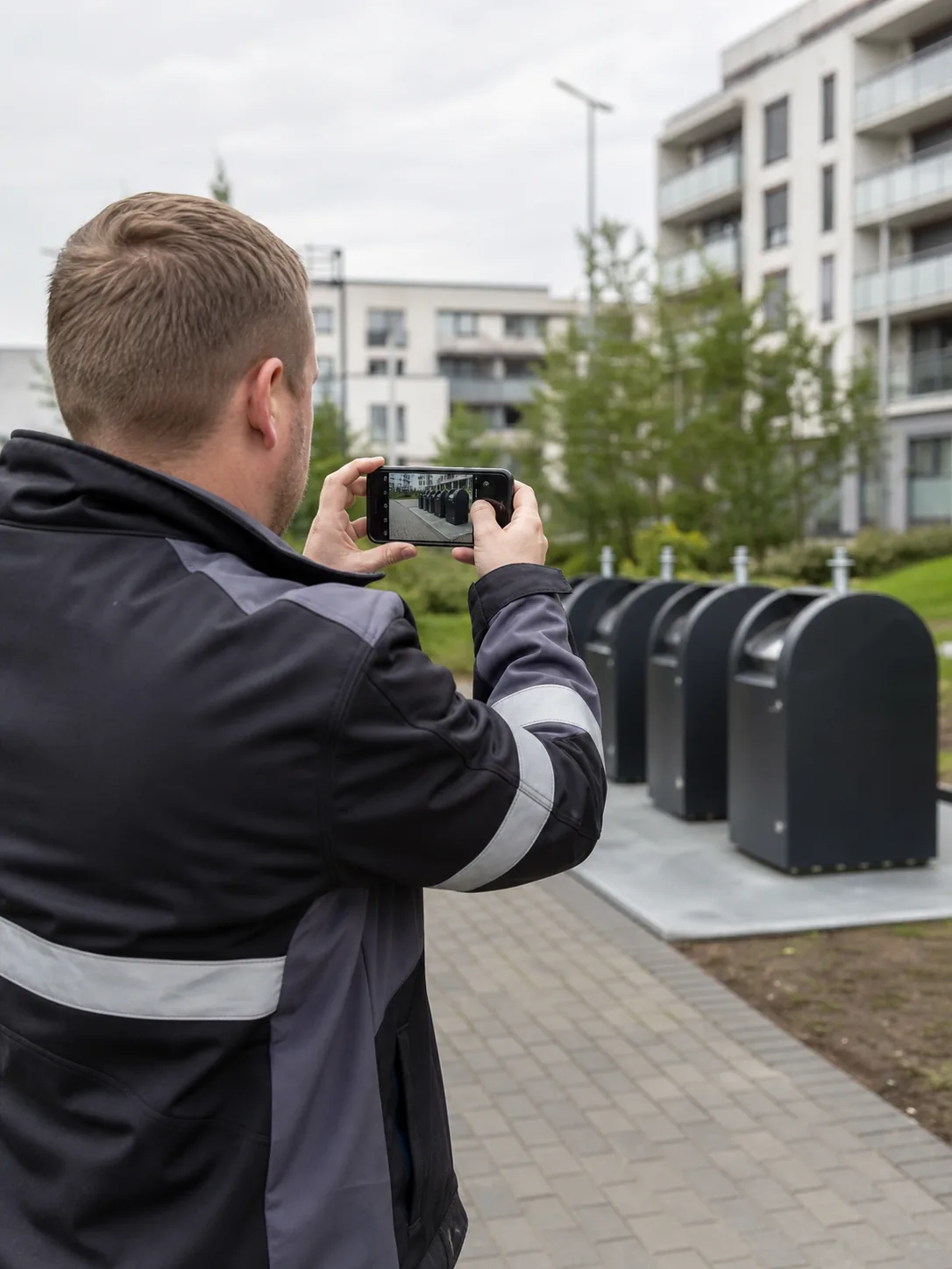 Работник в тёмной куртке фотографирует ряд контейнеров во дворе